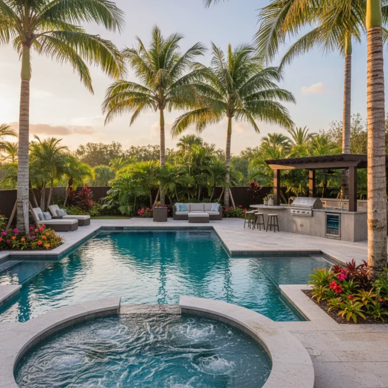 Custom pool with tropical landscaping and outdoor kitchen in Central Florida
