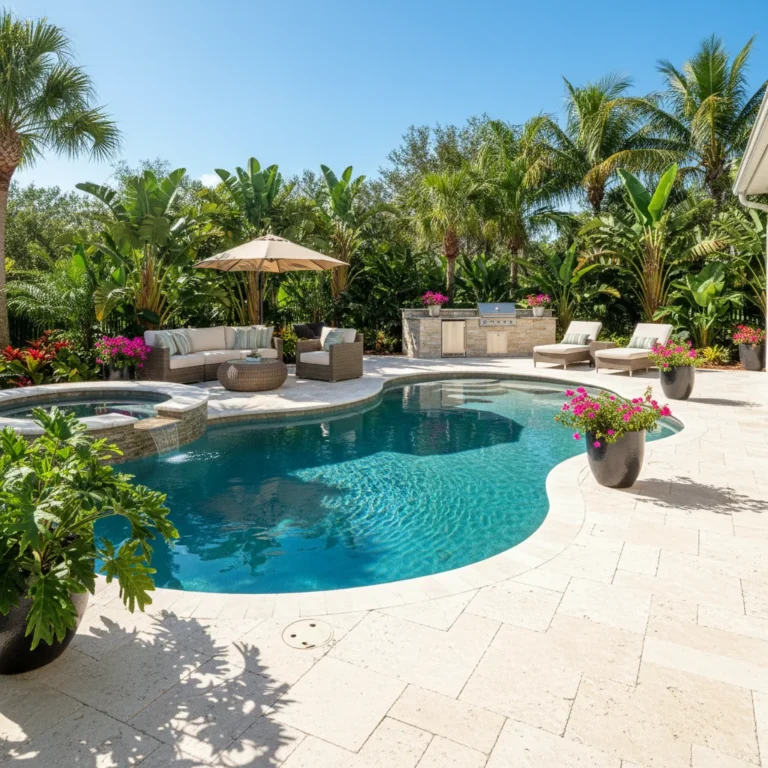 Light-colored pool deck with tropical landscaping in Central Florida