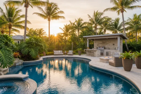 Custom pool and outdoor living area with palm trees in Florida