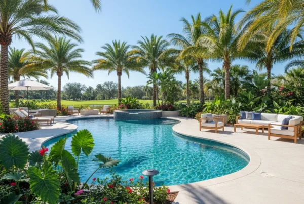 Custom pool with tropical landscaping and palm trees in Central Florida