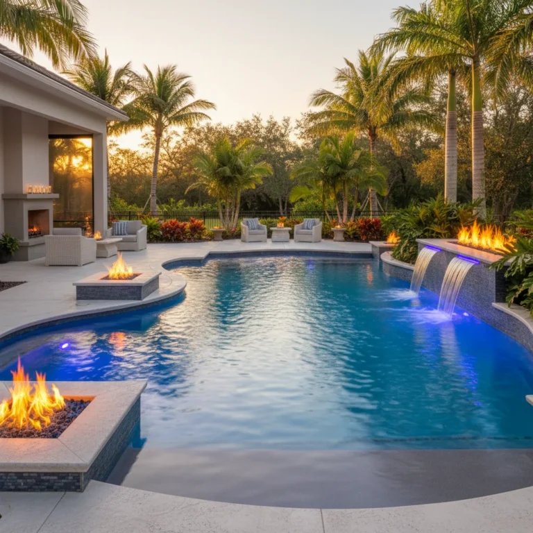 Custom pool with LED lighting and tropical landscaping in Central Florida