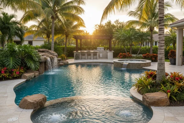 Custom pool and outdoor living area with tropical landscaping in Florida