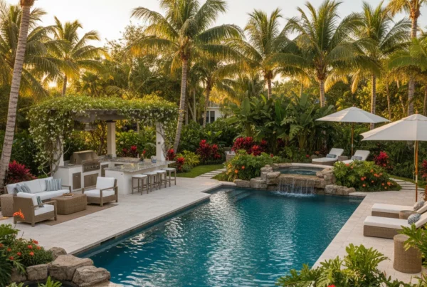 custom pool and outdoor living area with tropical landscaping in Florida