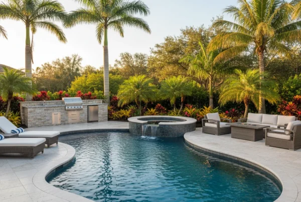 Custom pool and outdoor living area with tropical landscaping in Florida