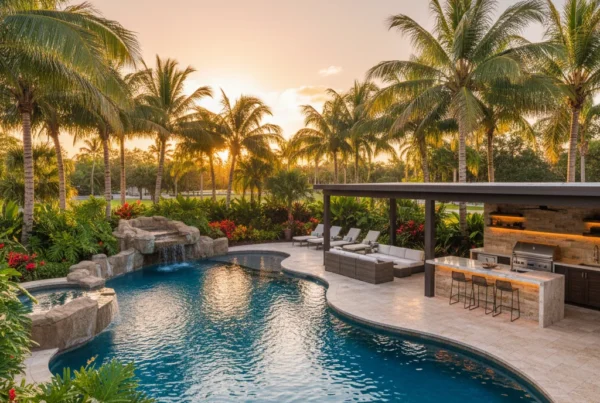 Custom pool and outdoor living area with tropical landscaping in Florida