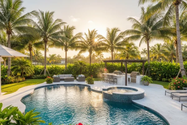 Custom pool with tropical landscaping and outdoor kitchen in Florida