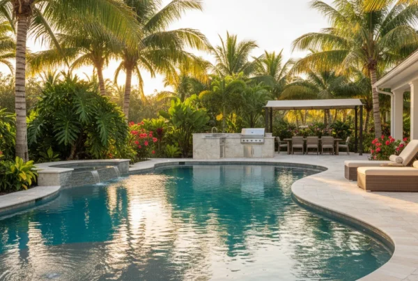 Custom pool and outdoor living area with tropical landscaping in Florida
