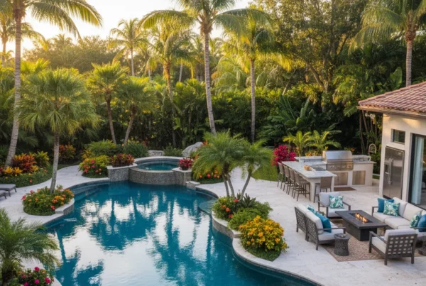 Custom pool and outdoor living area with tropical landscaping in Florida