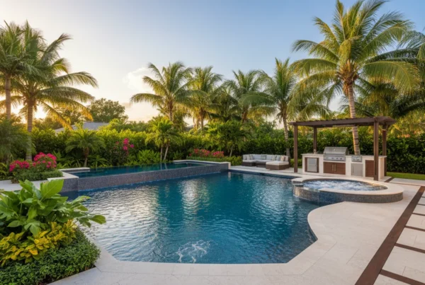 Custom pool and outdoor living area with tropical landscaping in Florida