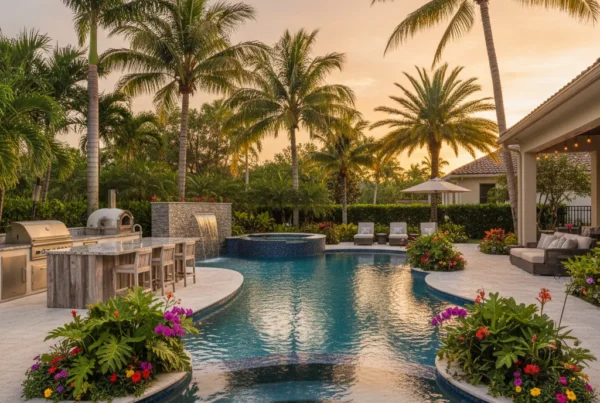 Custom pool and outdoor living area with tropical landscaping in Florida