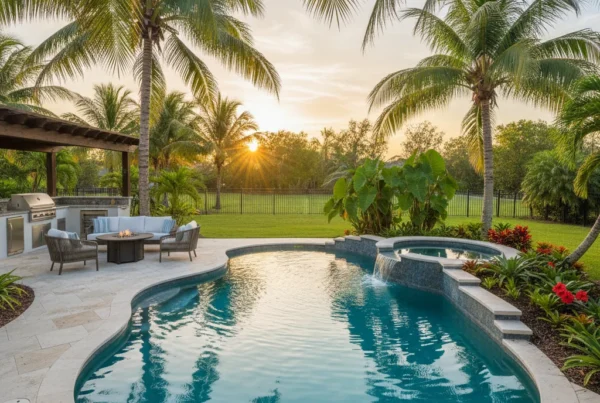 Custom pool and outdoor living area with tropical landscaping in Florida