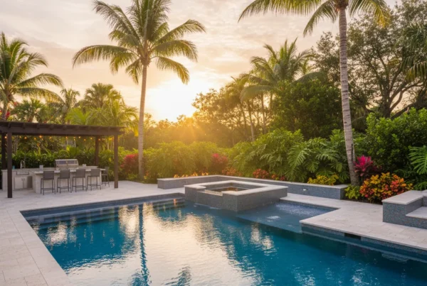 Custom pool and outdoor living area with tropical landscaping in Florida