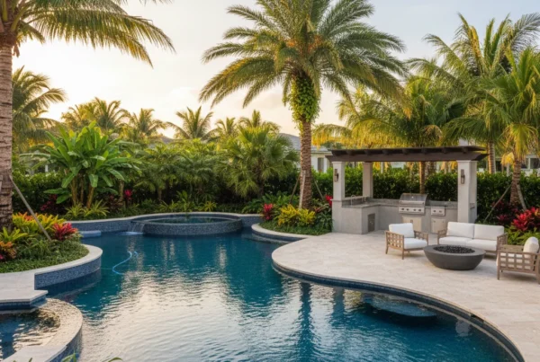 custom pool and outdoor living area with tropical landscaping in Florida