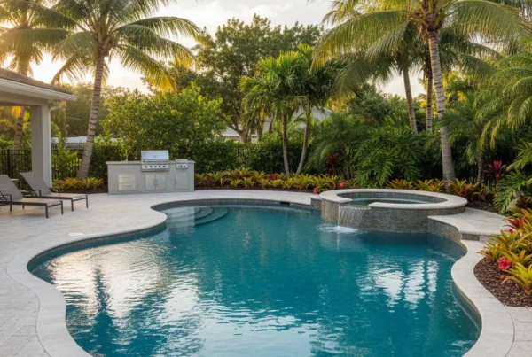 Custom saltwater pool with tropical landscaping in florida backyard