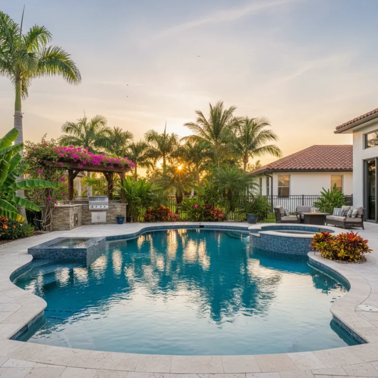Custom saltwater pool with tropical landscaping in Central Florida backyard