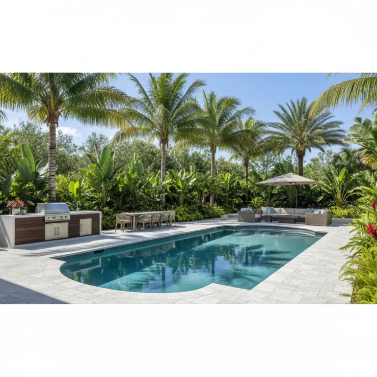 Custom pool with tropical landscaping and outdoor kitchen in Central Florida