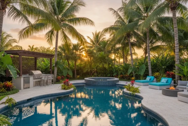 Custom pool and outdoor living area with tropical landscaping in Florida