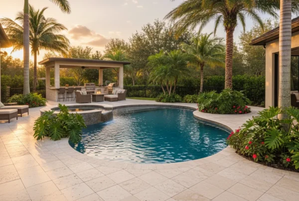Central Florida pool deck with travertine and tropical landscaping
