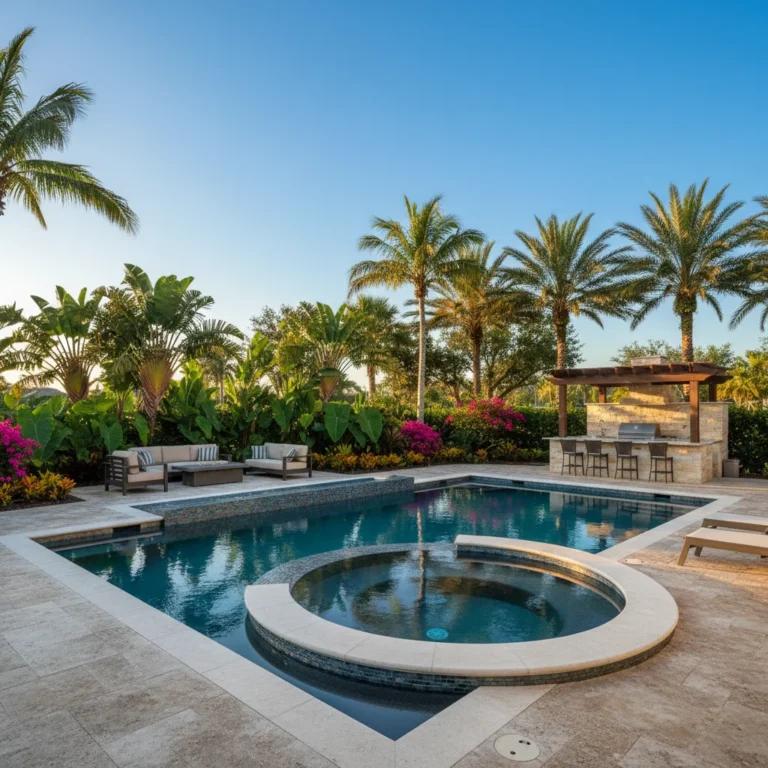 Custom pool with spa and outdoor kitchen in Central Florida tropical setting