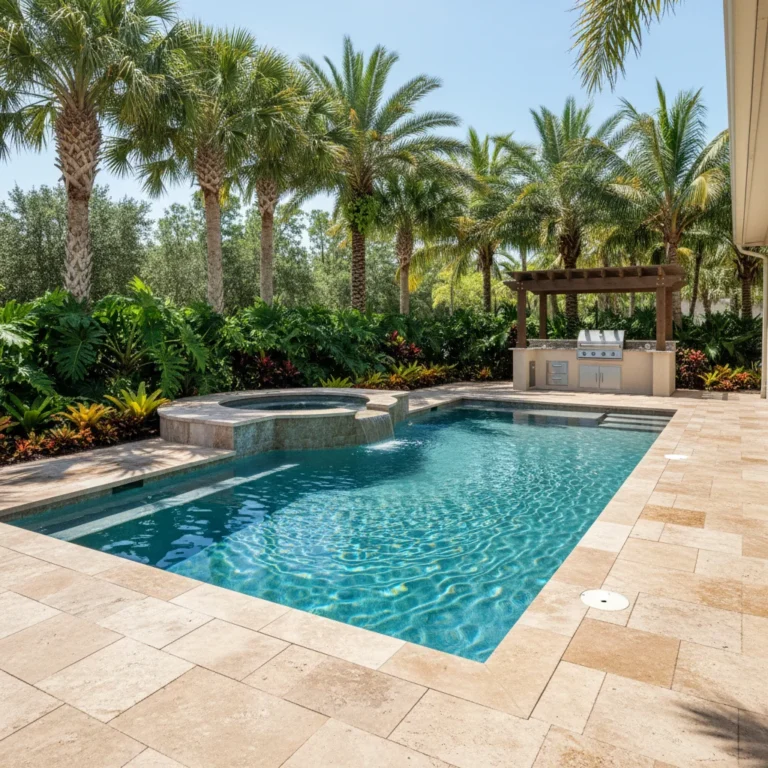 Custom pool with spa and outdoor kitchen in Central Florida tropical setting