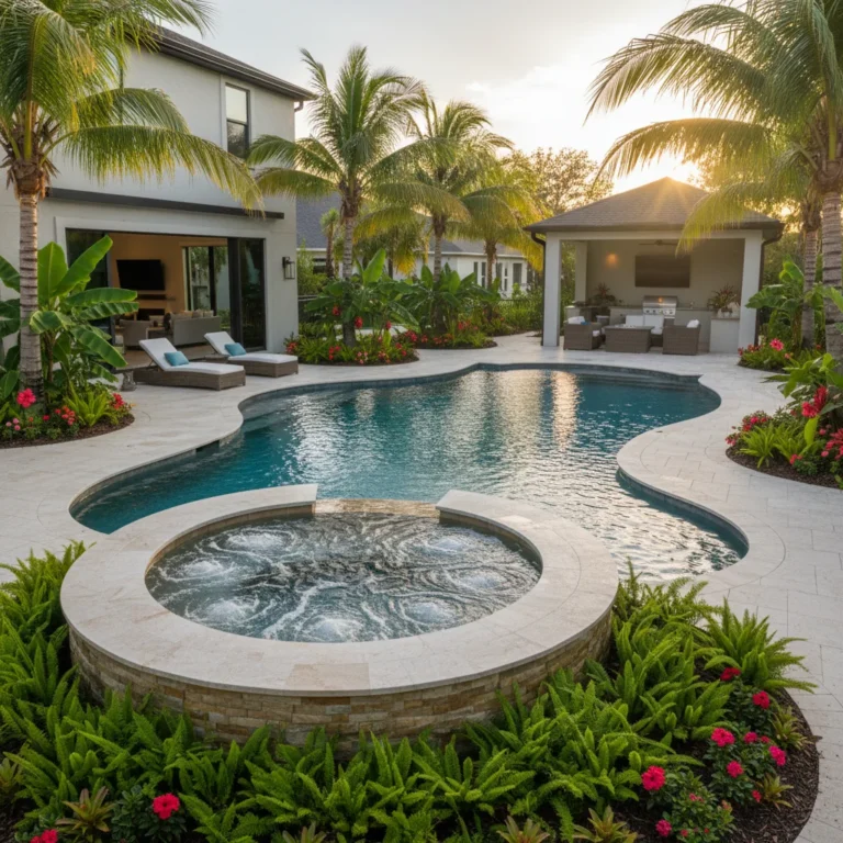 Custom spillover spa and pool with tropical landscaping in Central Florida