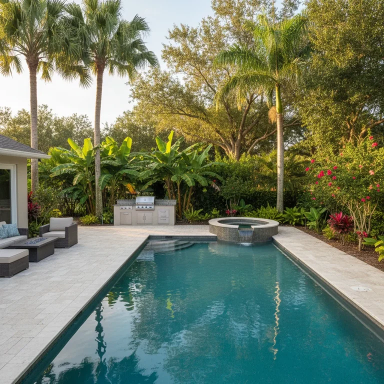 Custom gunite pool with tropical landscaping in Central Florida backyard