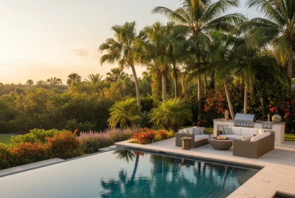 Custom infinity pool with tropical landscaping in Central Florida backyard