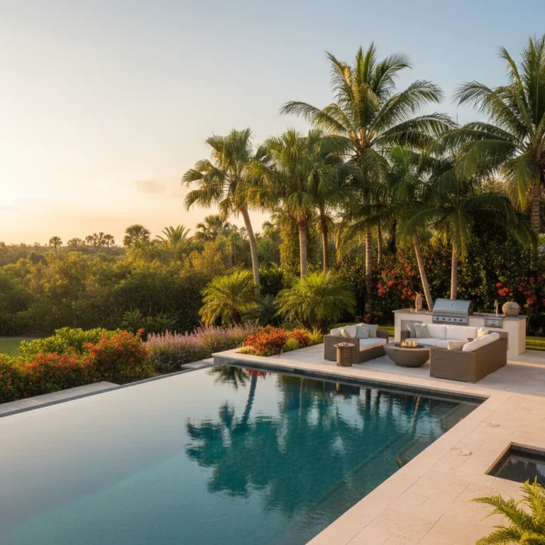 Custom infinity pool with tropical landscaping in Central Florida backyard