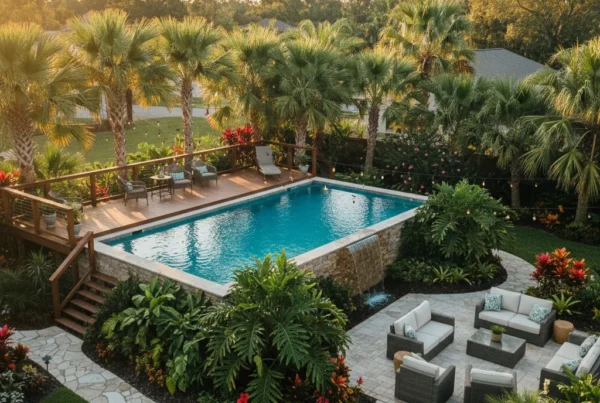 Above ground pool in a tropical Central Florida backyard at golden hour