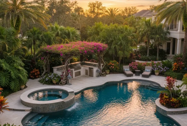 Custom pool and outdoor living space in Central Florida with tropical landscaping