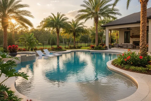 Custom beach entry pool with tropical landscaping in Central Florida