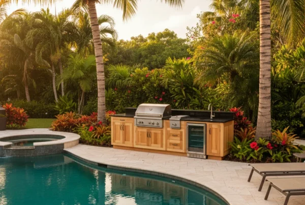 Custom outdoor kitchen with granite countertop and pool in Central Florida