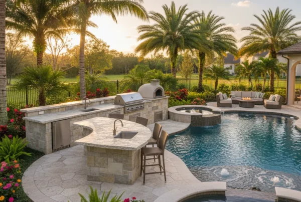 Custom outdoor kitchen and pool in Central Florida backyard with palm trees