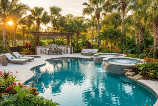 Custom pool with Sabal and Queen palm trees in Central Florida