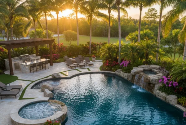 Custom pool with tropical landscaping and outdoor kitchen in Central Florida