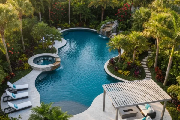 Custom shaped swimming pool with tropical landscaping in Central Florida