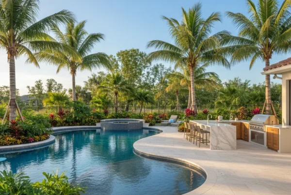 Custom pool with tropical landscaping and outdoor kitchen in Central Florida