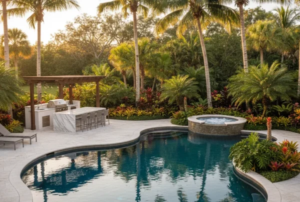 Custom pool with outdoor kitchen and tropical landscaping in Central Florida