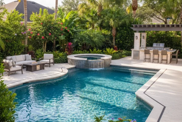 Custom pool with spa and tropical landscaping in Central Florida backyard