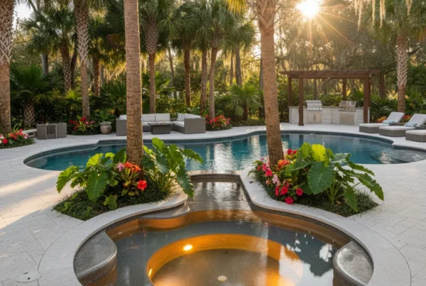 Custom spa with LED lighting in Central Florida backyard