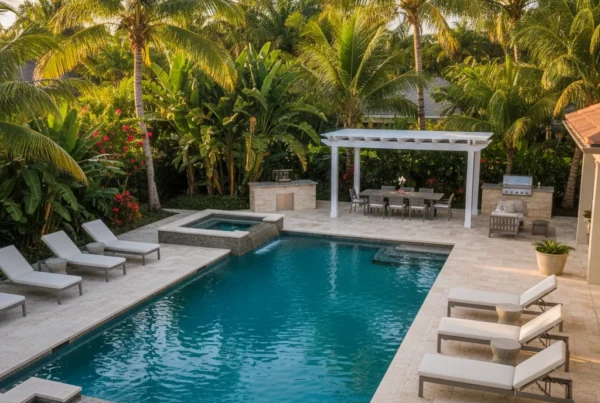 Saltwater pool with travertine deck in tropical Florida backyard