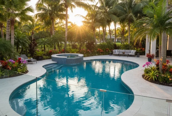 Custom pool with safety fencing in a tropical Florida backyard