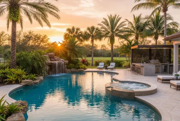 Custom pool with tropical landscaping and outdoor kitchen in Central Florida