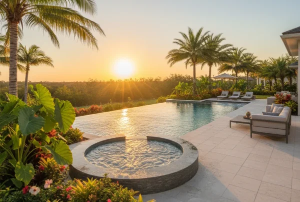 Custom infinity pool with tropical landscaping in Central Florida backyard