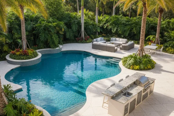 Custom pool with tropical landscaping and outdoor living in Central Florida