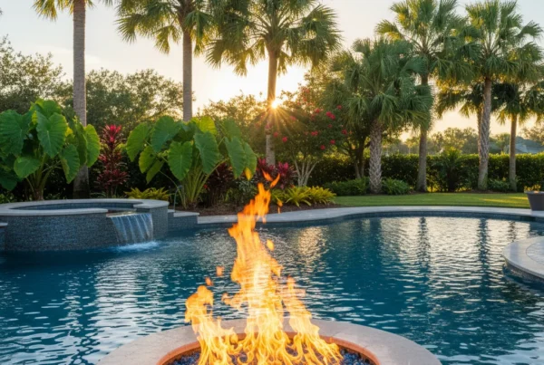 Custom pool with fire bowl and tropical landscaping in Central Florida