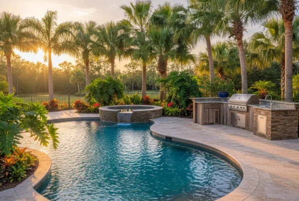 Custom pool and outdoor living area in Central Florida with palm trees