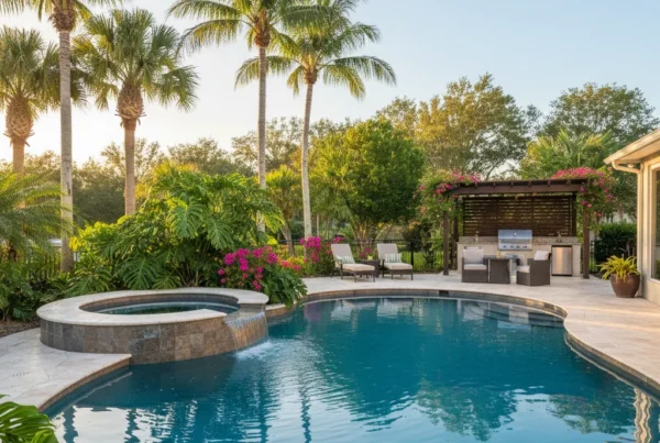 Custom pool and outdoor living area in Leesburg FL with tropical landscaping