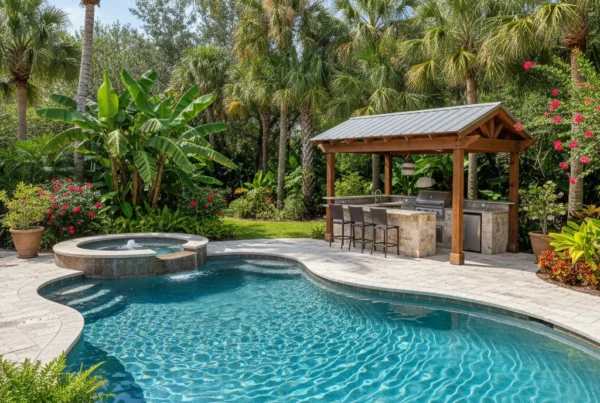 Custom pool and outdoor living area in Central Florida with tropical landscaping
