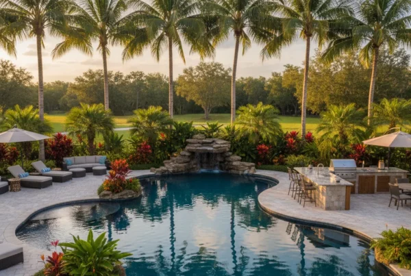 Custom pool with tropical landscaping and outdoor kitchen in Central Florida
